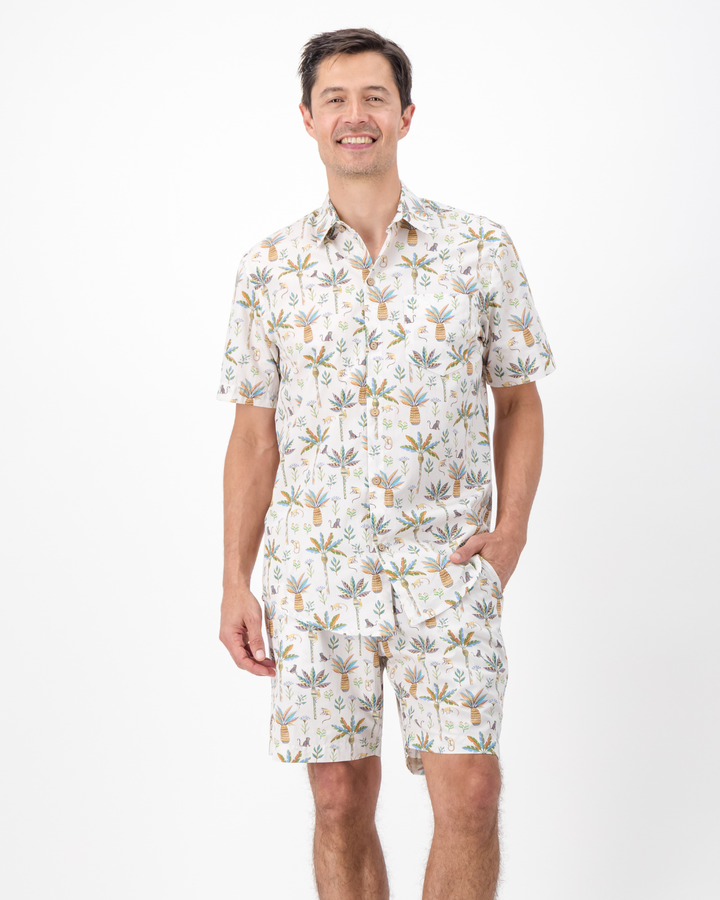 Mens Lounge Shorts - Monkeys and Palms on Off-White
