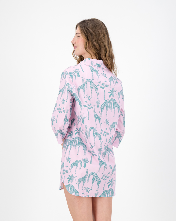 Womens Sleepshirt - Green Giraffes on Pink