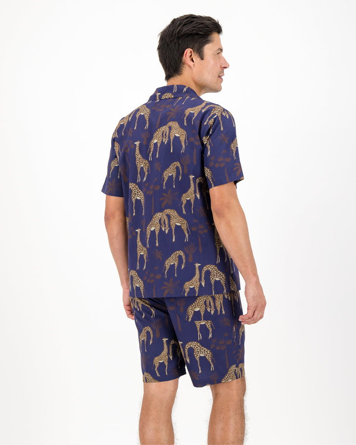 Mens Short Pyjamas - Brown Giraffes on Navy