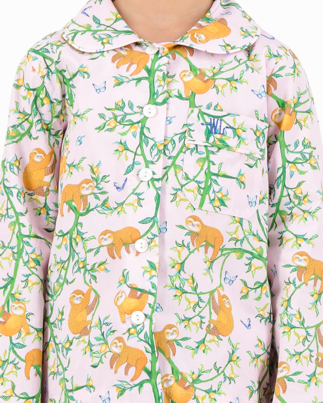 Girls Long Pyjamas - Sloths and Blue Butterflies on Pink