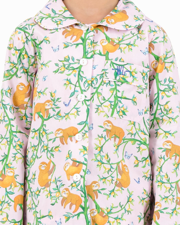 Girls Long Pyjamas - Sloths and Blue Butterflies on Pink
