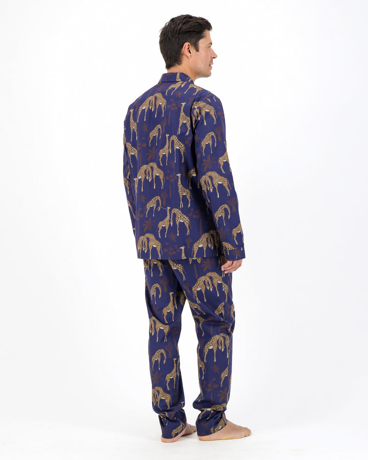 Mens Long Pyjamas - Brown Giraffes on Navy