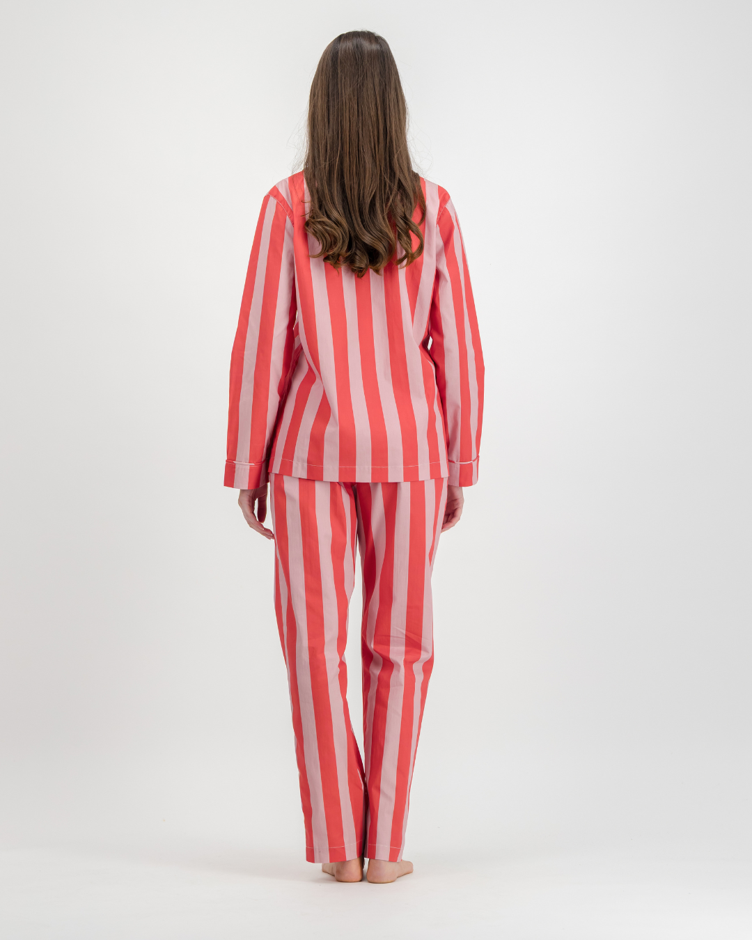 Womens Long Pyjamas - Pink Stripe on Red