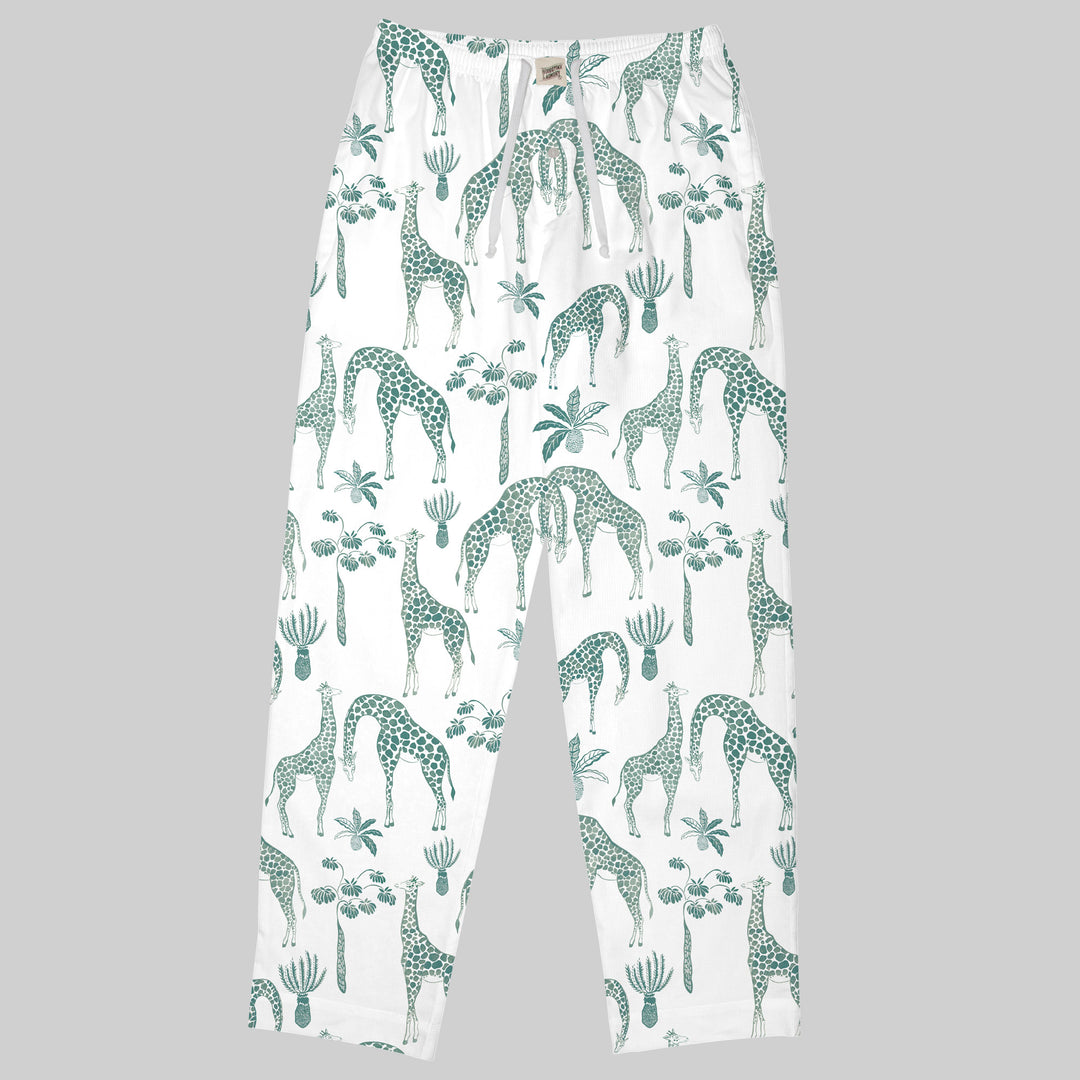 Mens Lounge Pants - Green Giraffes on White