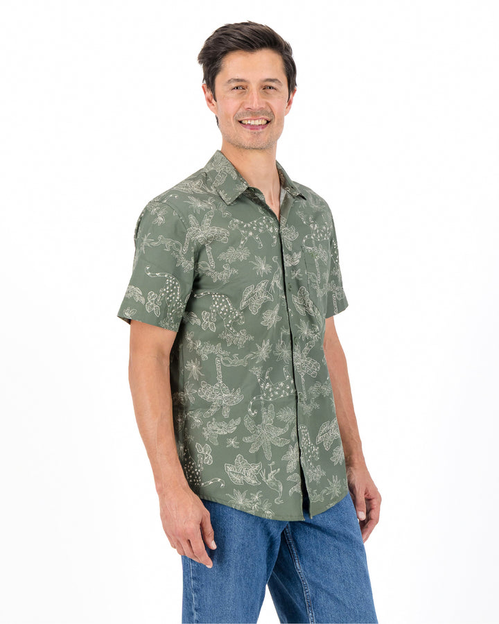Mens Holiday Shirt - Tropical Leopard on Olive