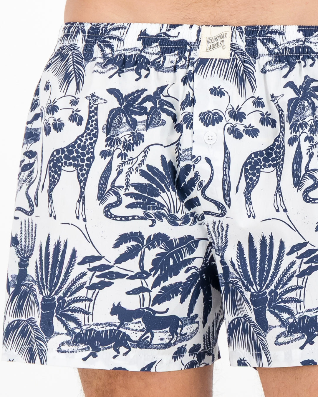 Mens Boxer Shorts - Navy Mono Safari on White