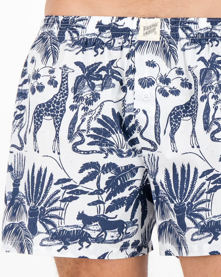 Mens Boxer Shorts - Navy Mono Safari on White