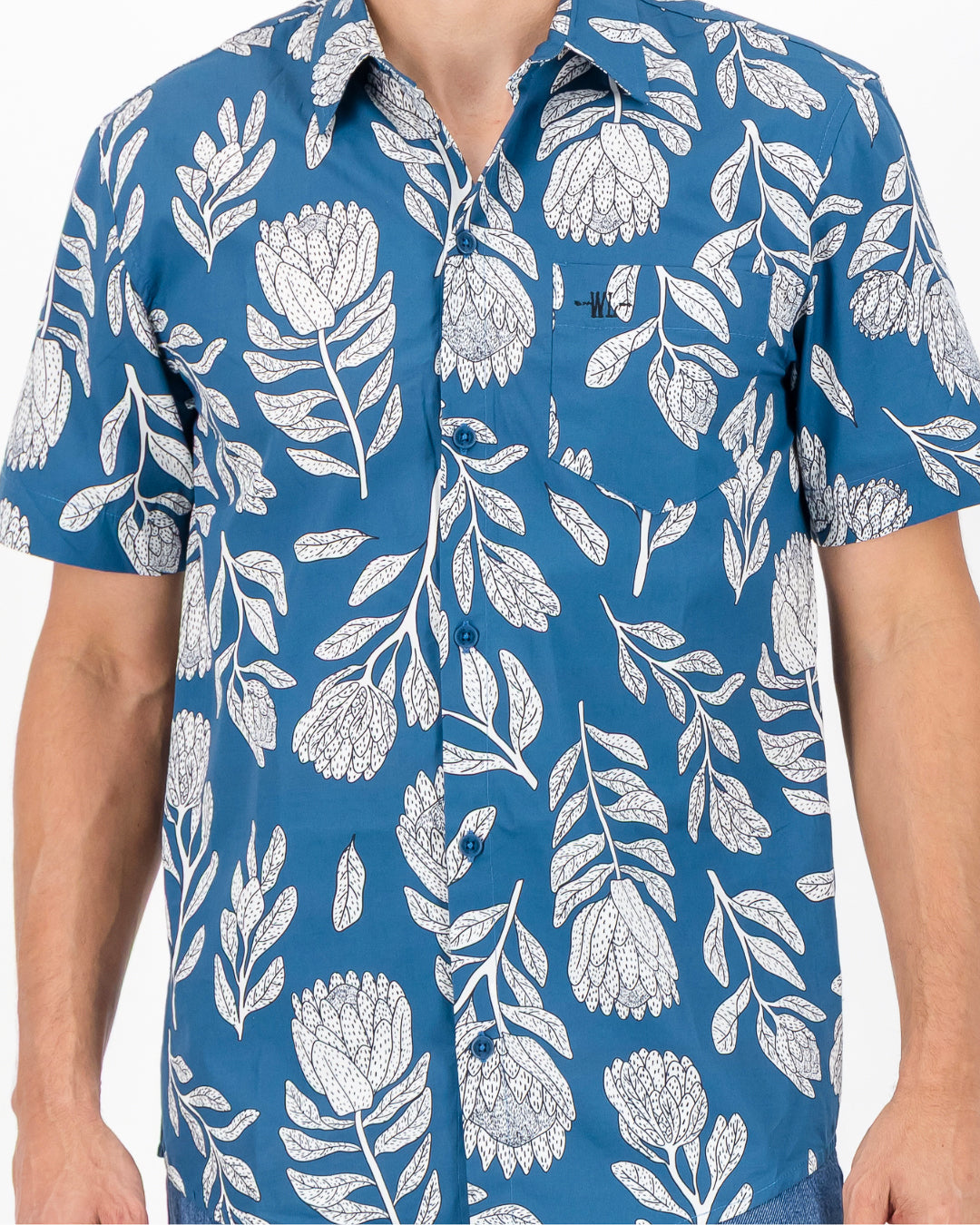Mens Holiday Shirt - White Proteas on Blue