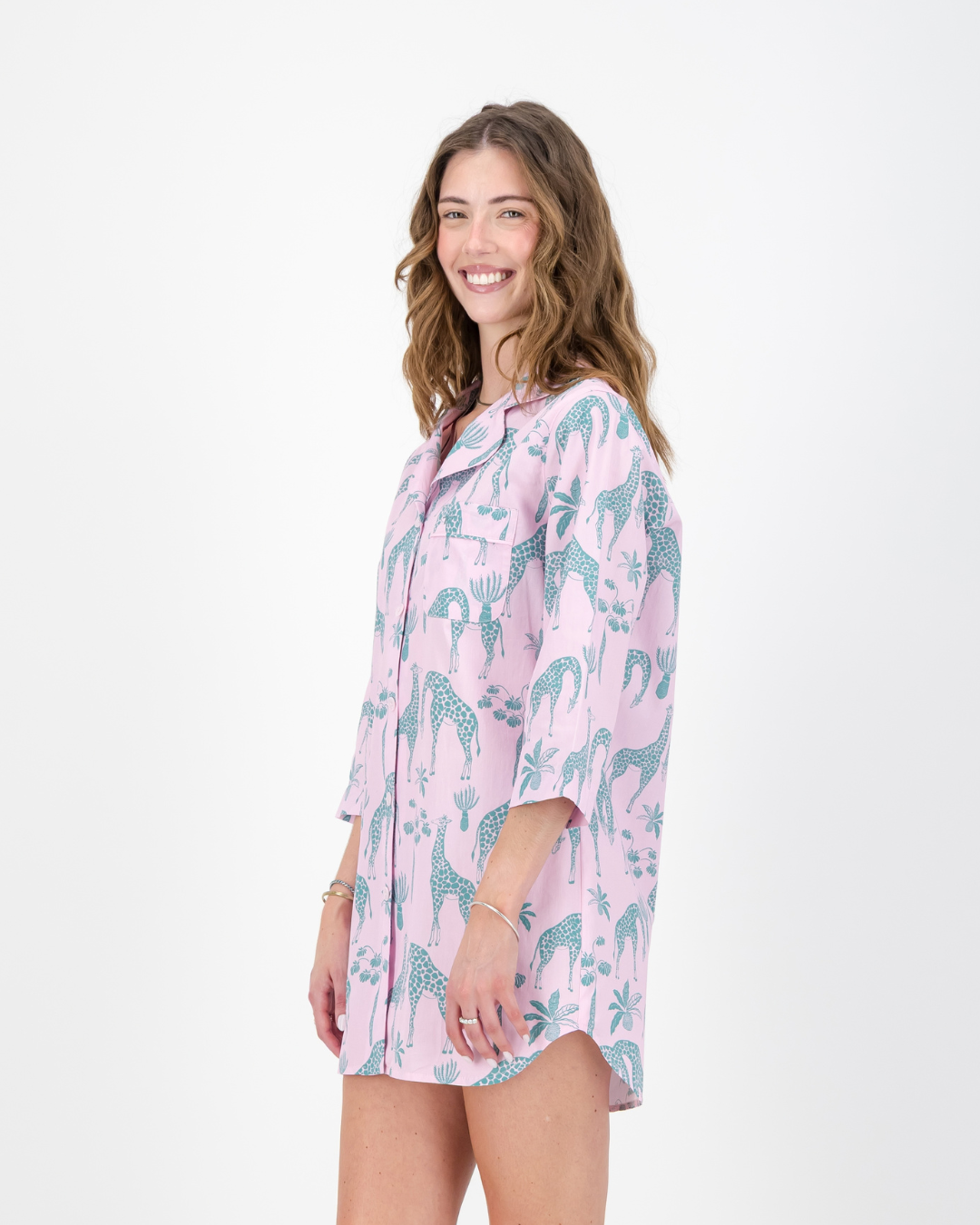 Womens Sleepshirt - Green Giraffes on Pink