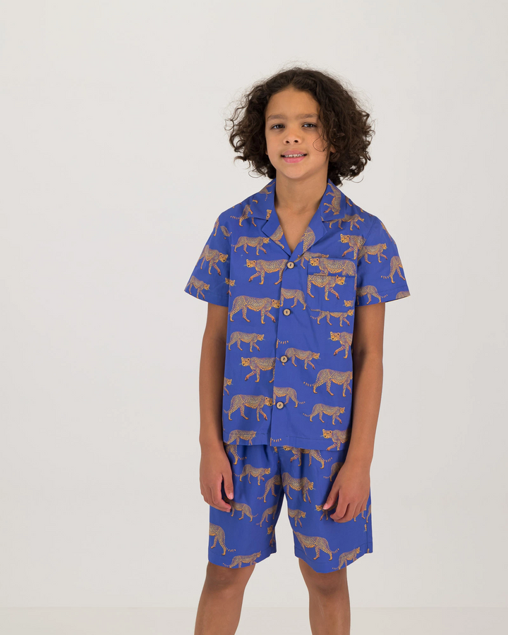 Boys Short Pyjamas Blue Cheetahs Front - Woodstock Laundry