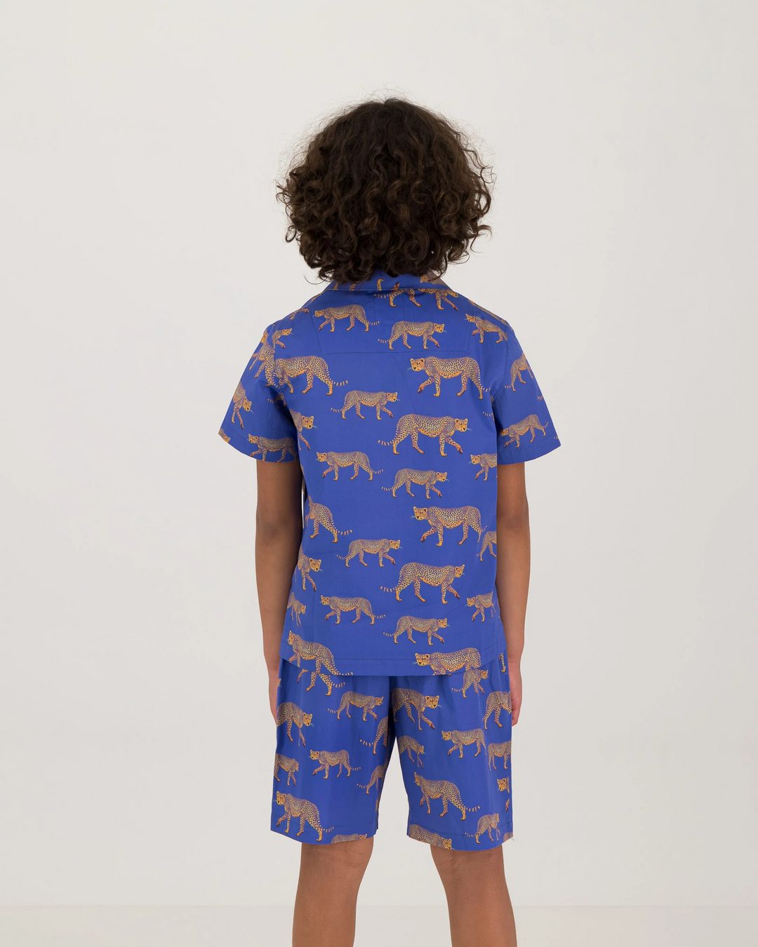 Boys Short Pyjamas Blue Cheetahs Back - Woodstock Laundry