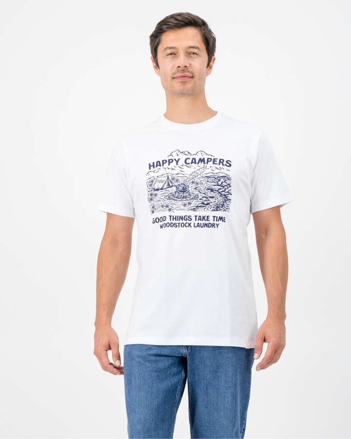 Mens T-Shirt - Navy Happy Potjie Campers on White