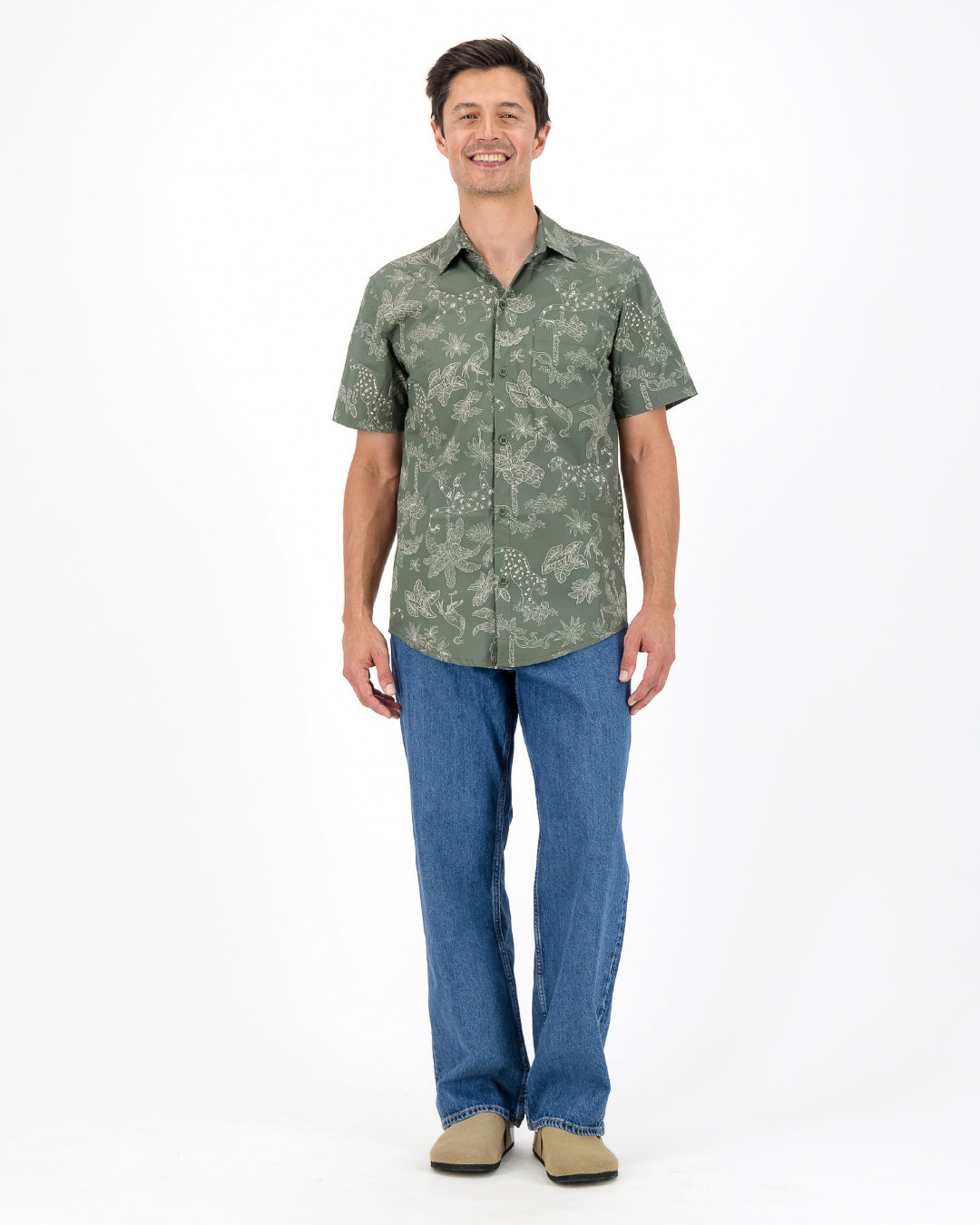 Mens Holiday Shirt - Tropical Leopard on Olive