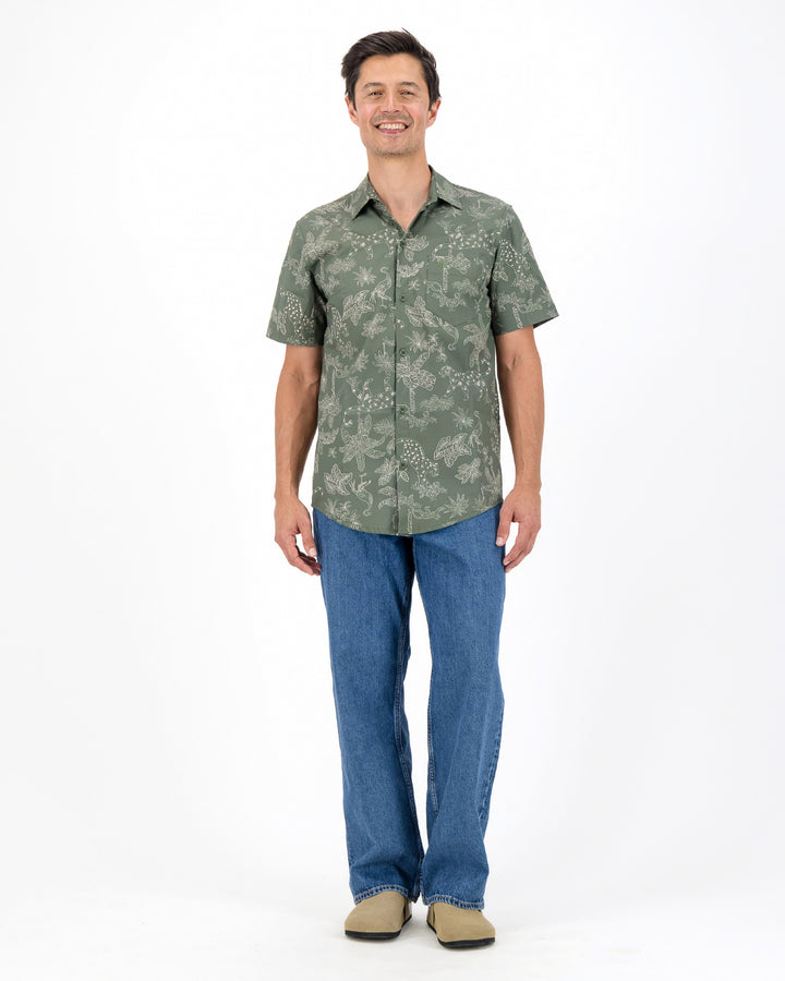 Mens Holiday Shirt - Tropical Leopard on Olive