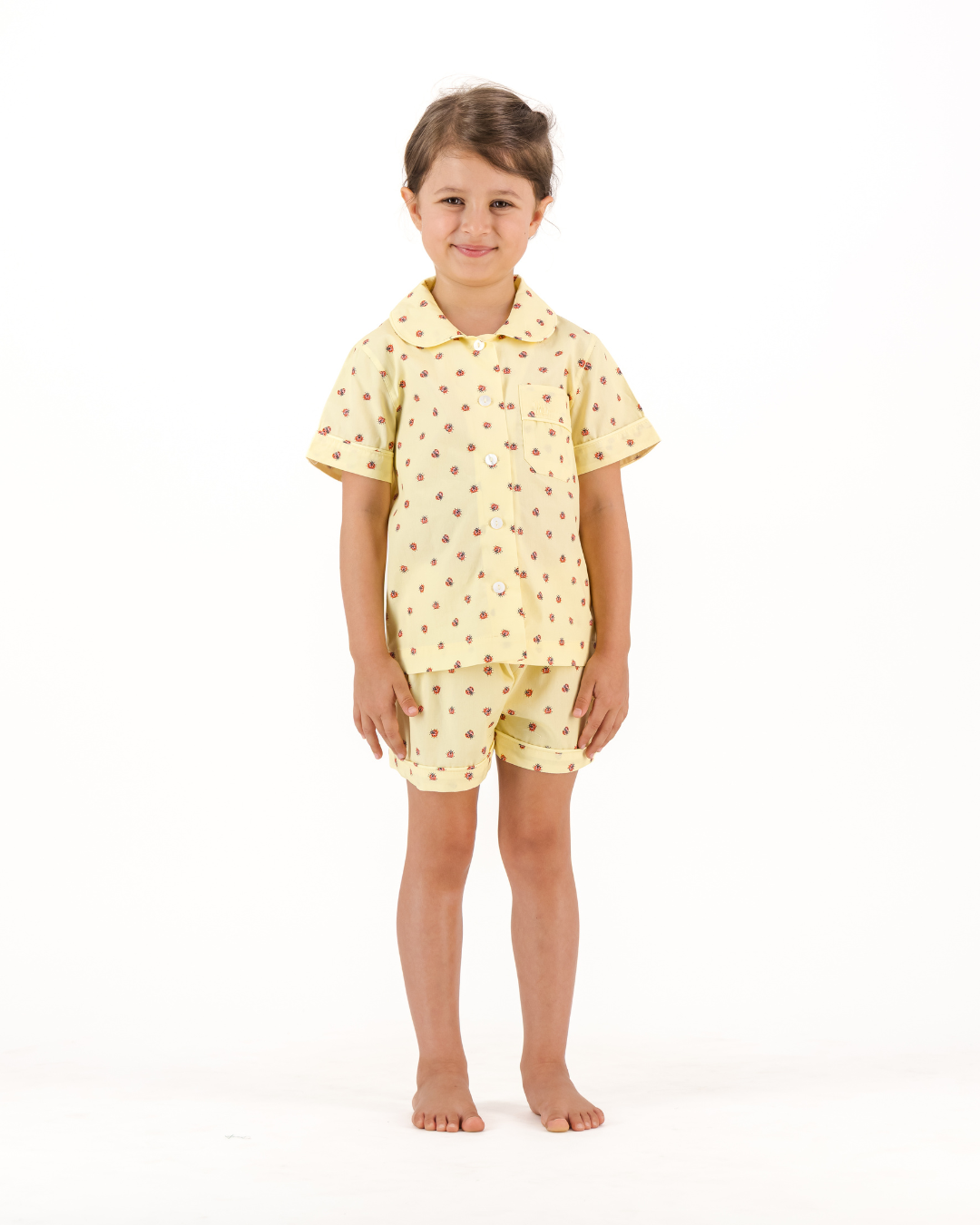 Girls Short Pyjamas - Red Lady Bugs on Yellow