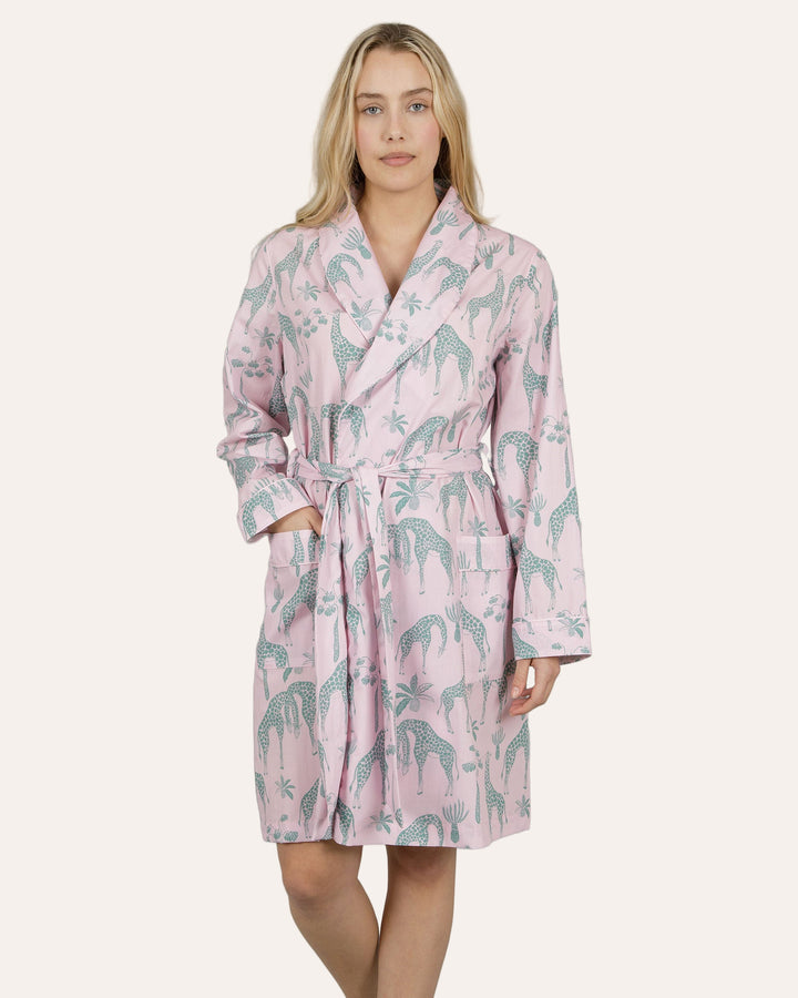Womens Dressing Gown - Green Giraffes on Pink