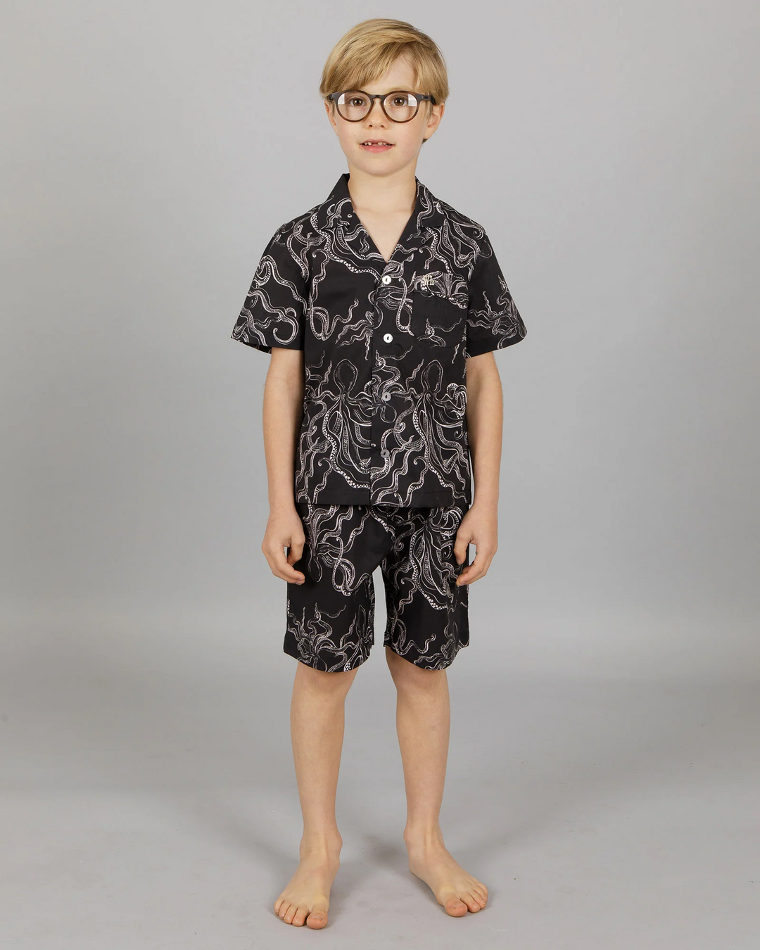 Boys Short Pyjamas Octopus Black Front - Woodstock Laundry