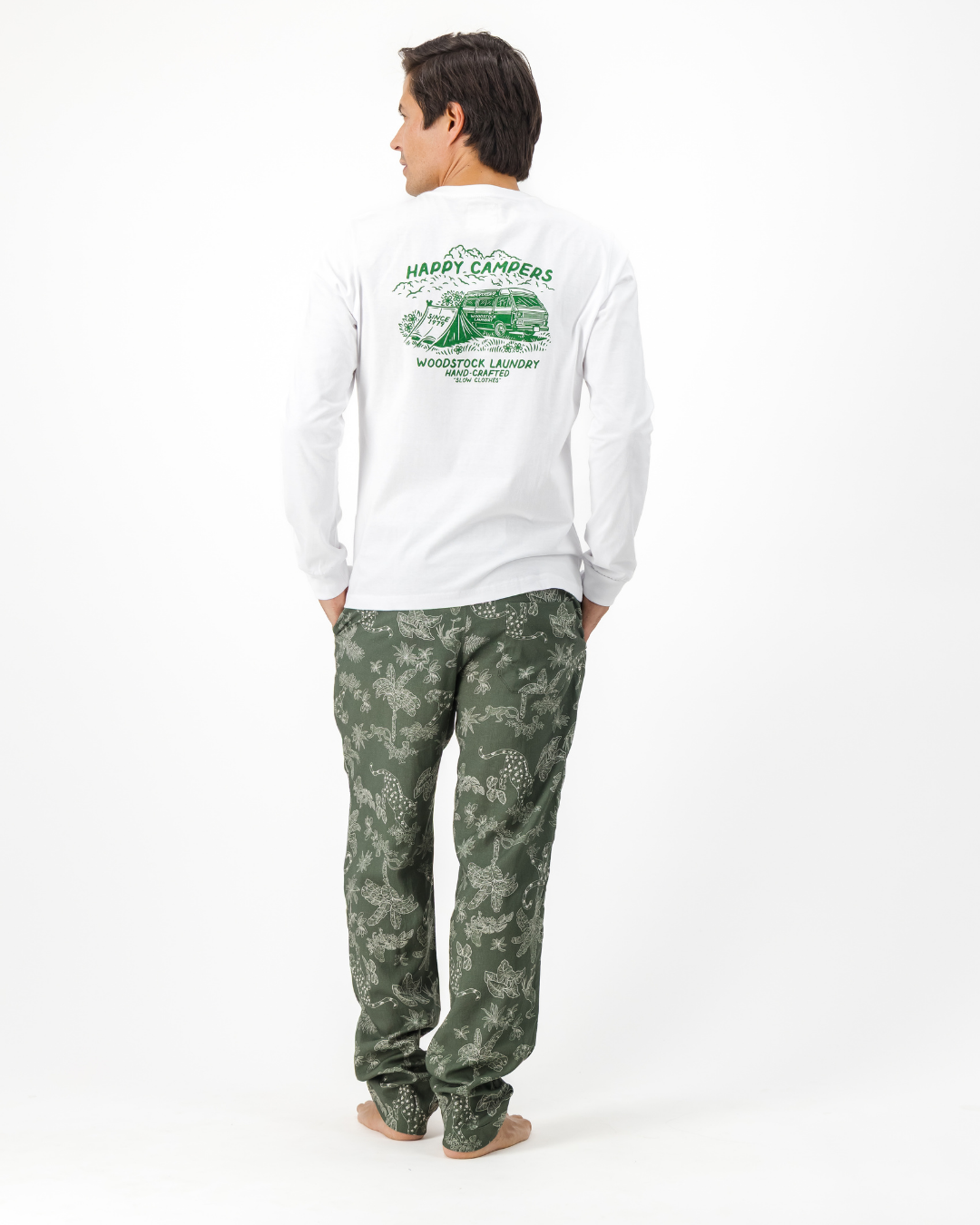 Mens Linen Lounge Pants - Tropical Leopard on Olive