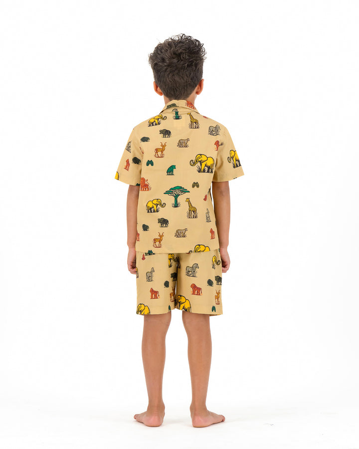 Boys Short Pyjamas - Safari Animals on Khaki