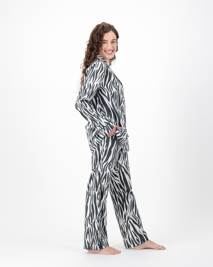 Womens Long Pyjamas - Black Zebra Print on White