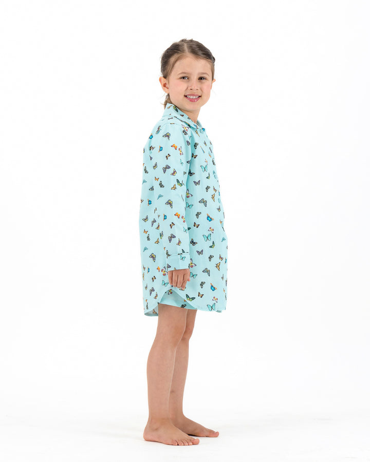 Girls Long Sleeve Sleepshirt and Shorts Set - Butterflies on Blue