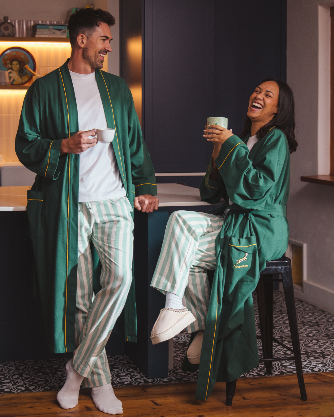 Womens Long Kimono Gown - Custom Springboks on Green