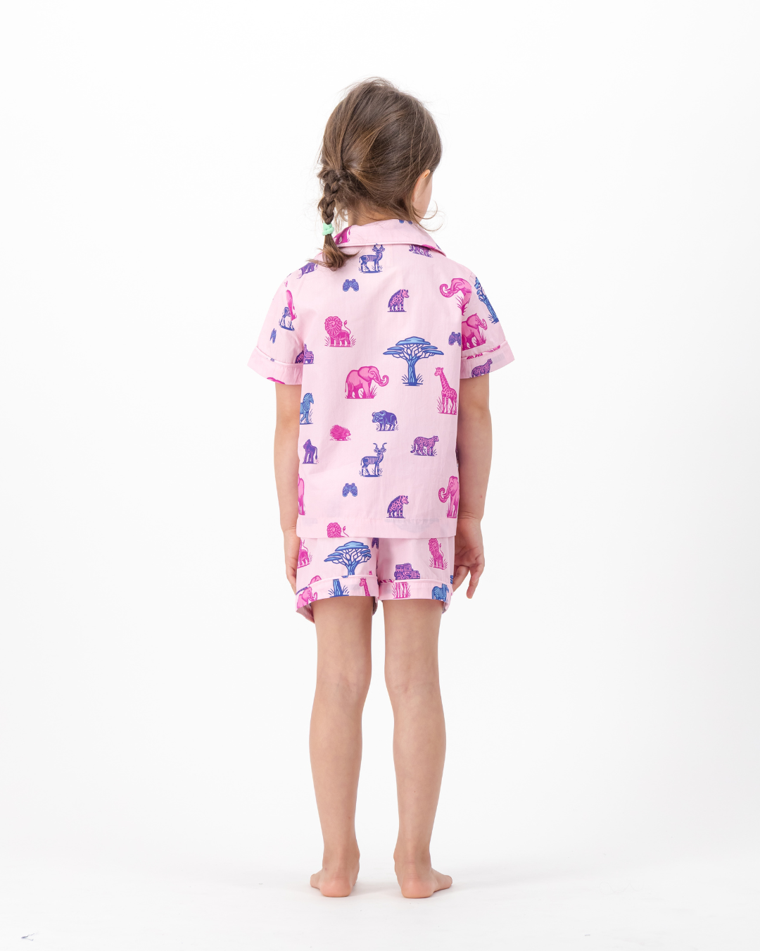 Girls Short Pyjamas - Safari Animals on Pink