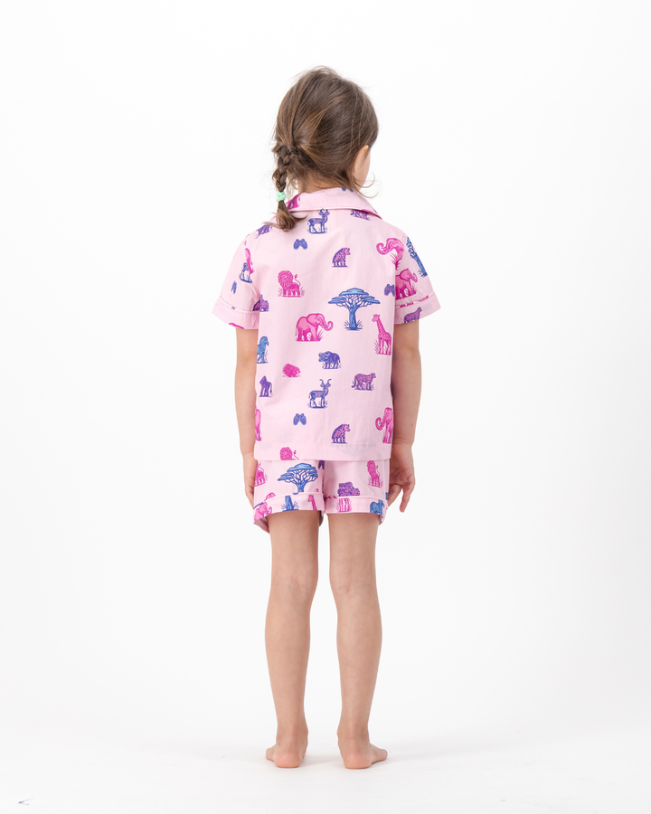 Girls Short Pyjamas - Safari Animals on Pink