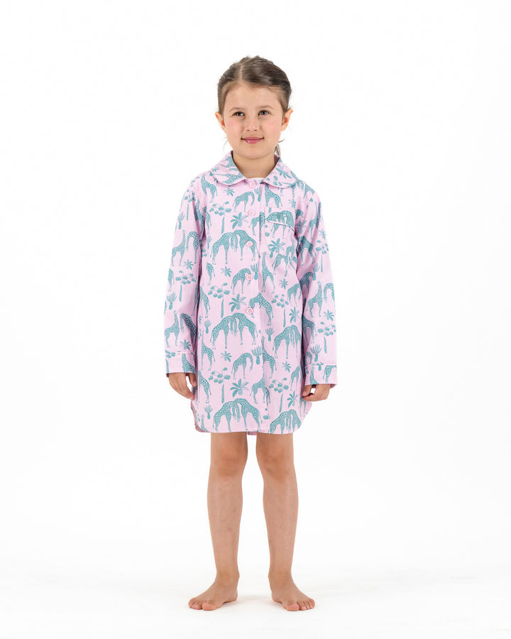 Girls Long Sleeve Sleepshirt and Shorts Set - Green Giraffes on Pink