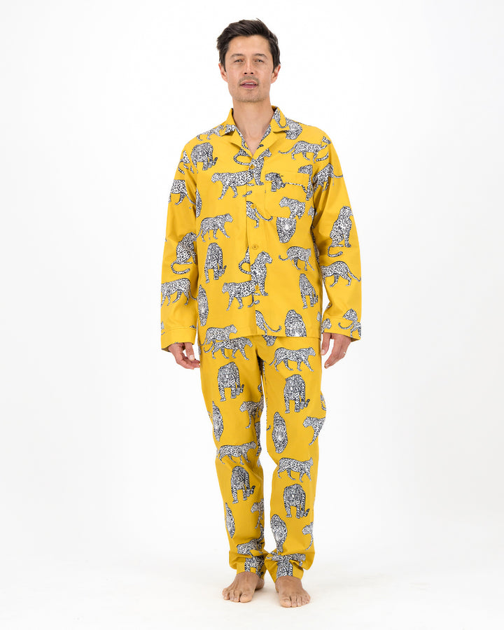 Mens Long Pyjamas - Mono Leopard on Mustard