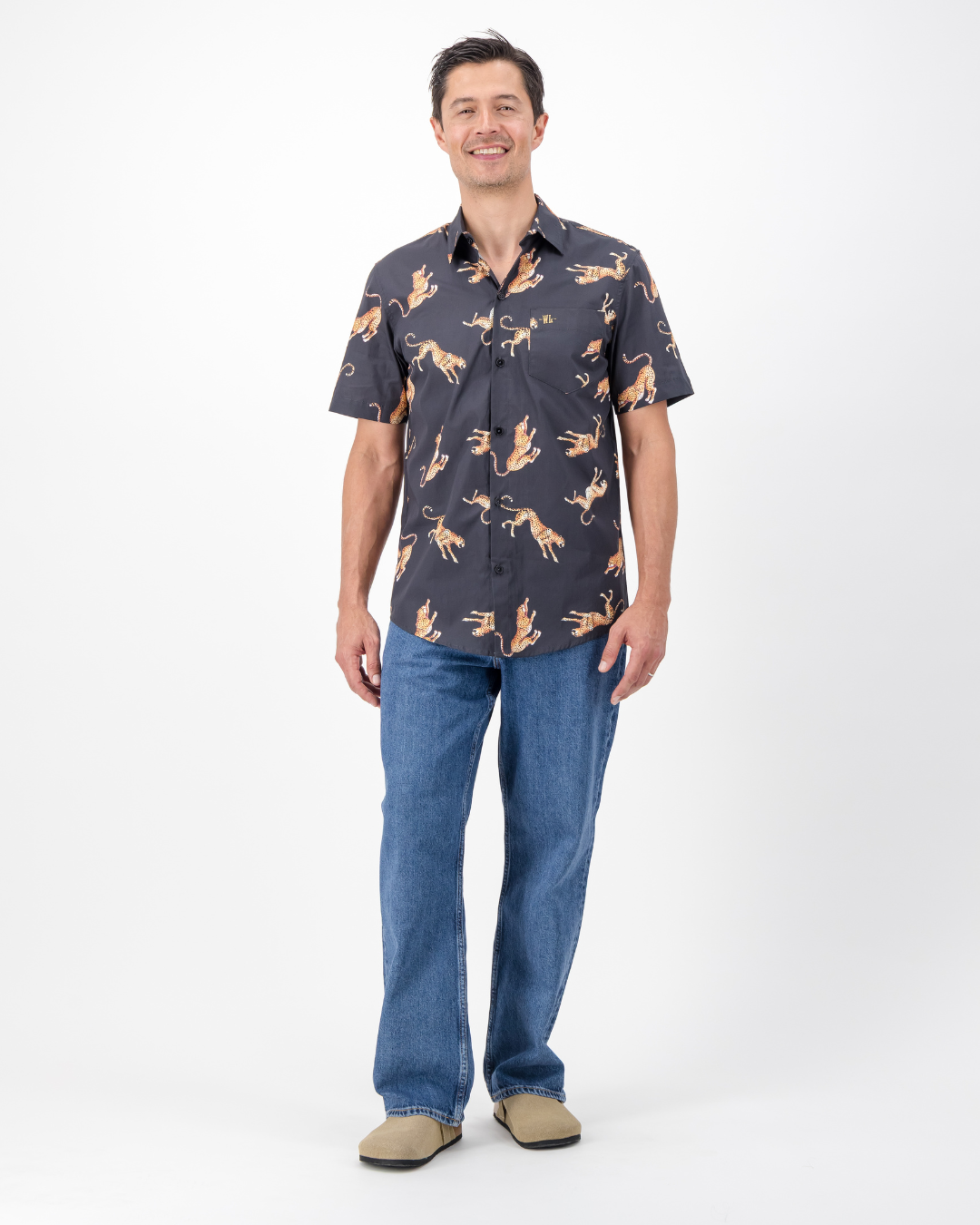 Mens Holiday Shirt - Jumping Cheetah on Charcoal