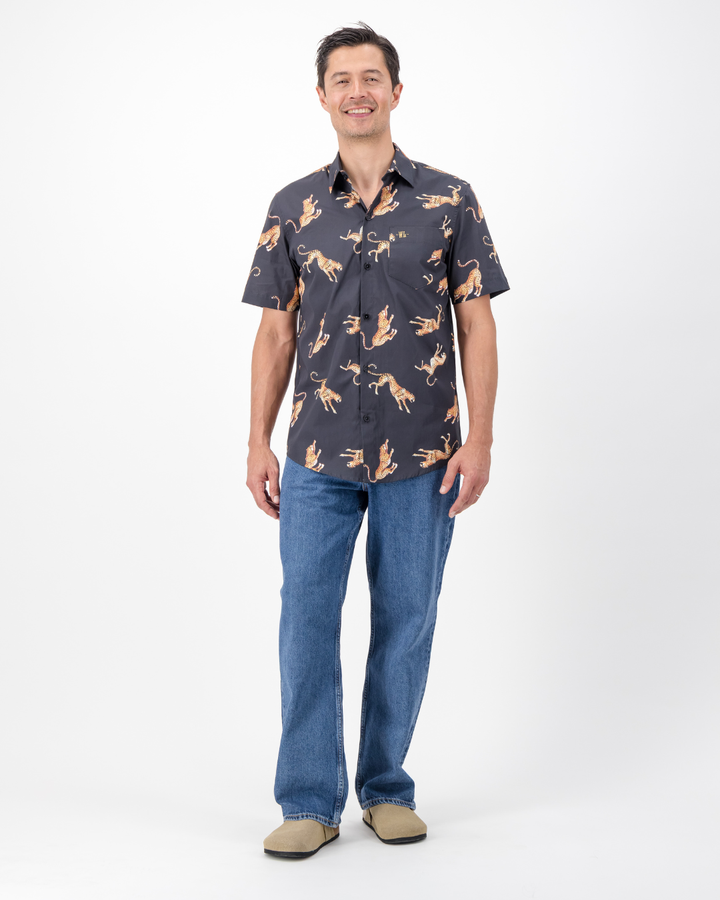 Mens Holiday Shirt - Jumping Cheetah on Charcoal