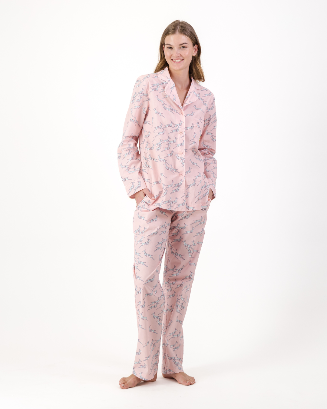 Womens Long Pyjamas - Custom Springboks Blue Jumping Bok on Pink