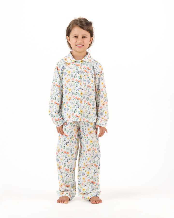 Girls Long Pyjamas - Butterfly and Dragonfly on White