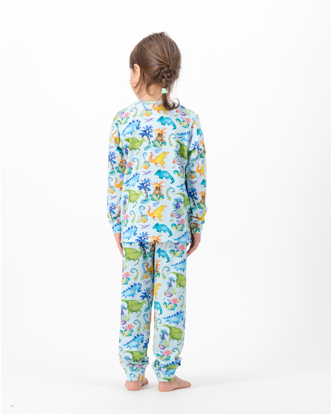 Kids Knitted Cotton Long Pyjama Set - Dinosaurs on Blue