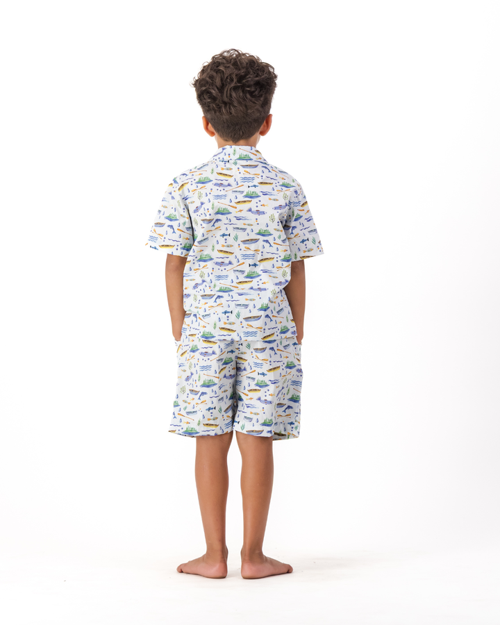 Boys Short Pyjamas - Boats and Fish on Light Blue