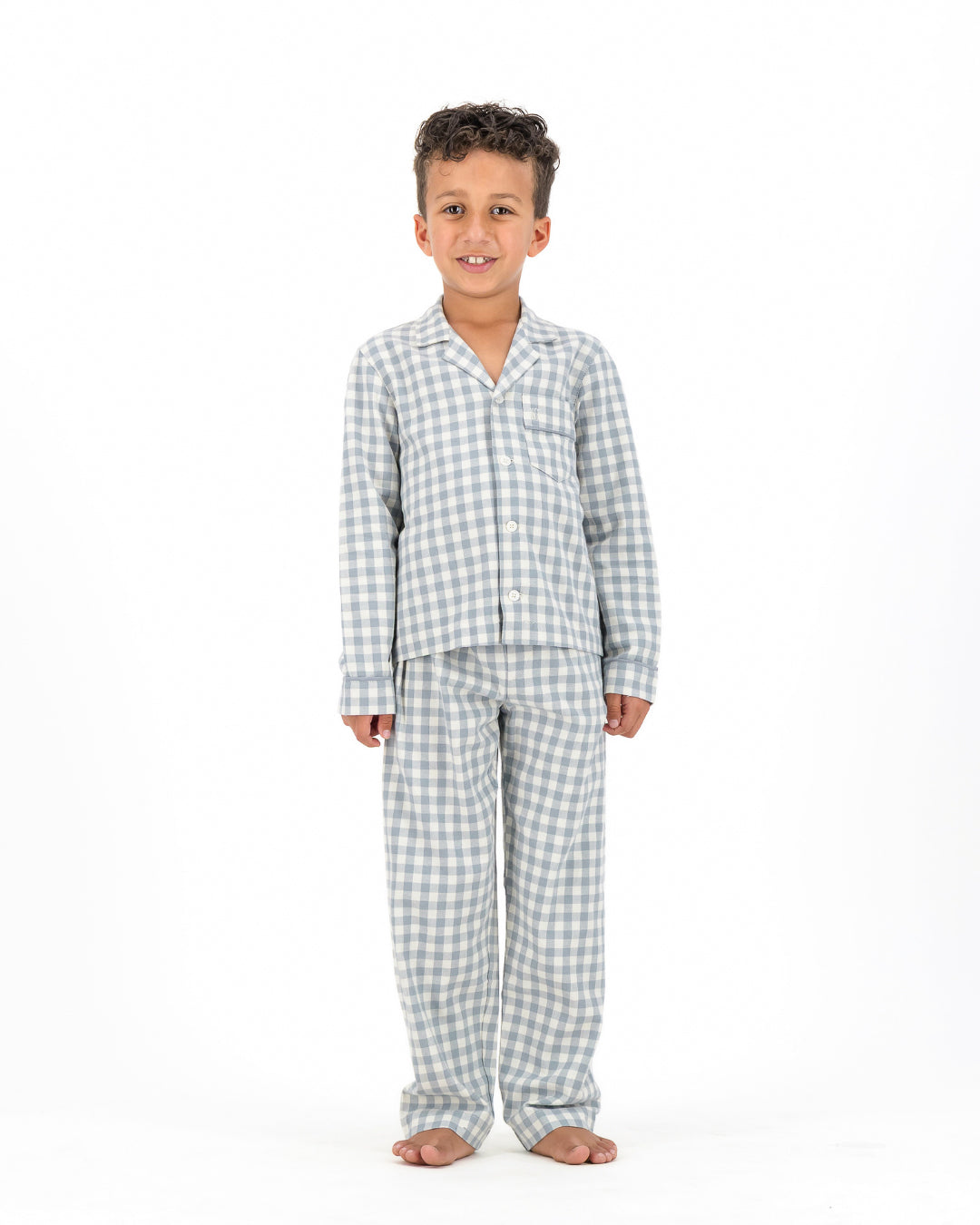 Kids Long Pyjamas - Grey Gingham on Cream