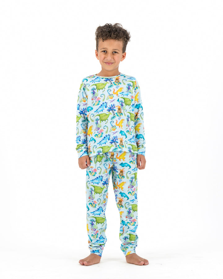 Kids Knitted Cotton Long Pyjamas - Dinosaurs on Blue