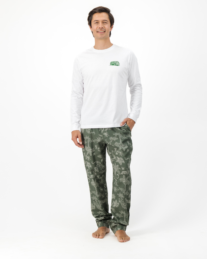 Mens Linen Lounge Pants - Tropical Leopard on Olive
