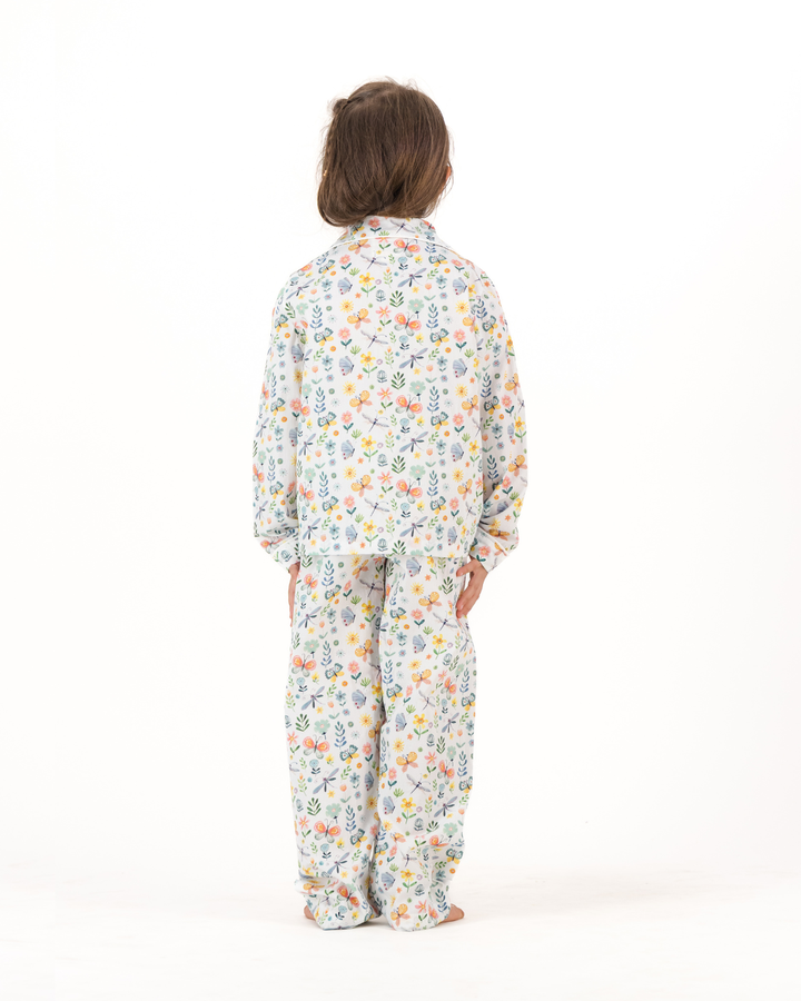Girls Long Pyjamas - Butterfly and Dragonfly on White