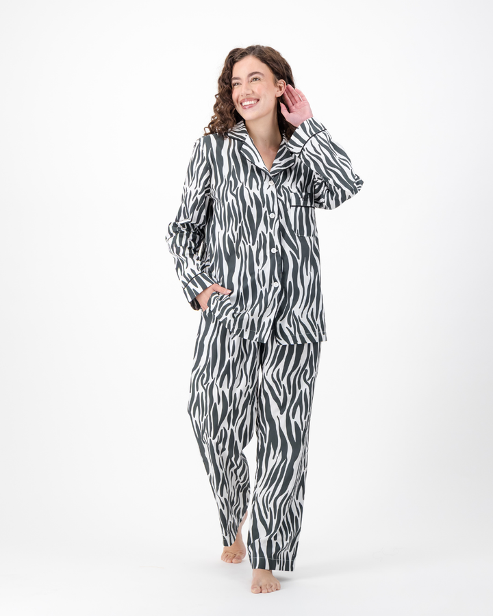 Womens Long Pyjamas - Black Zebra Print on White