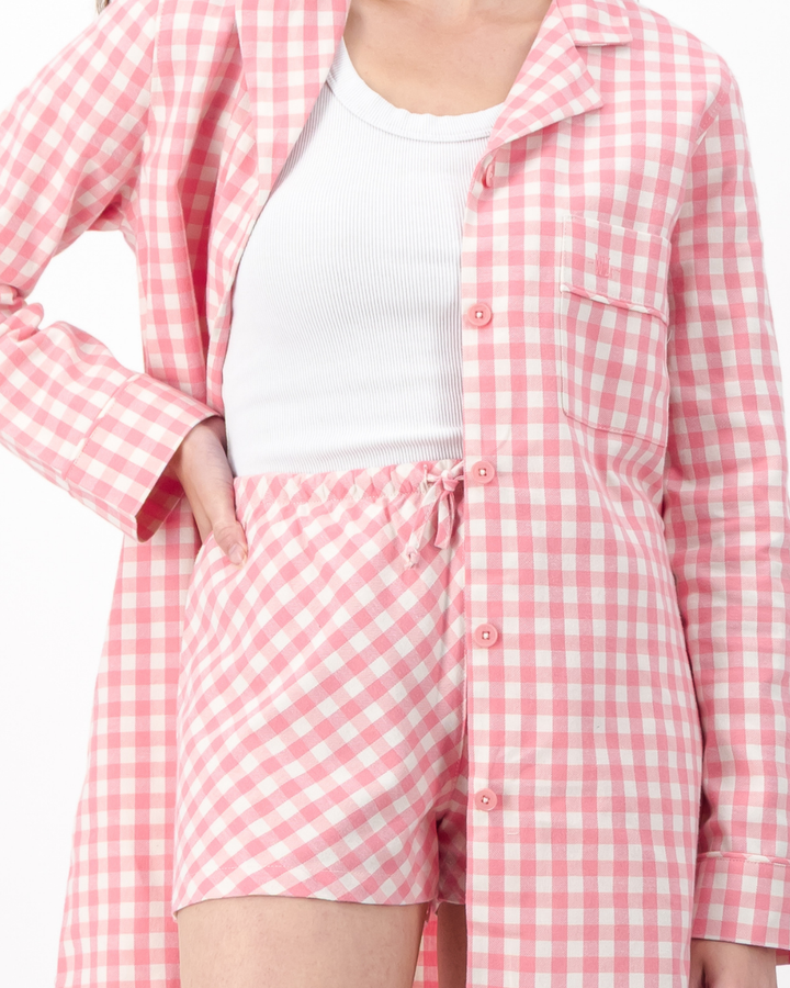 Womens Long-Sleeve Sleep Shirt - Pink Gingham on Cream