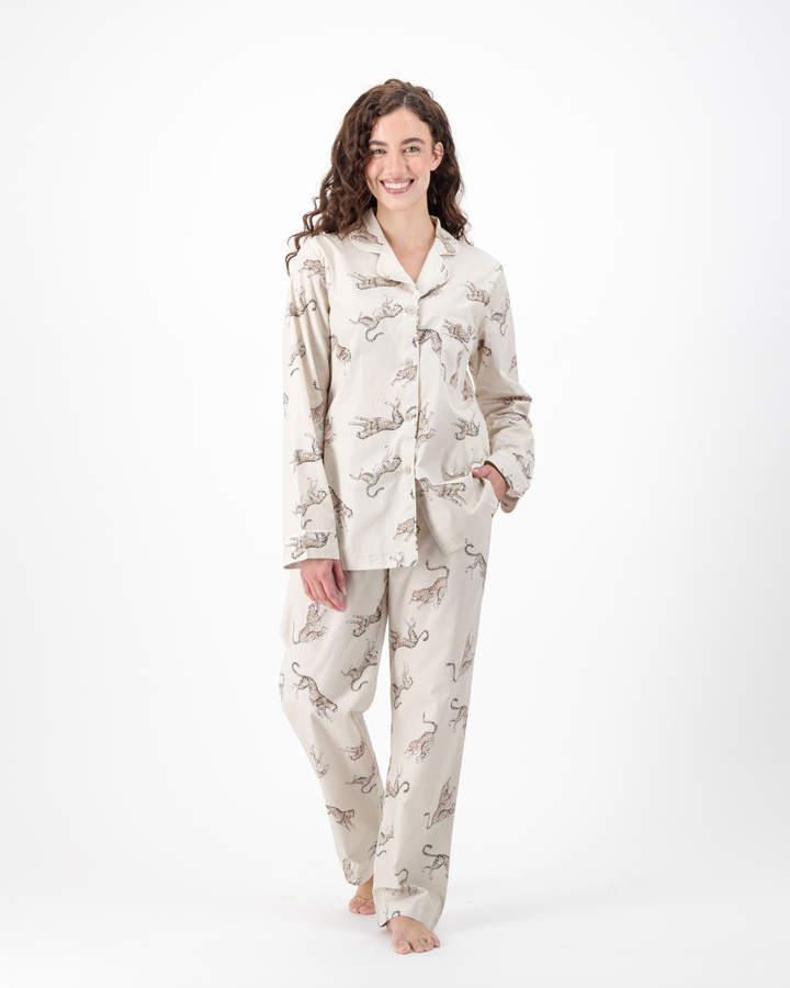 Womens Long Pyjamas - Jumping Cheetah on Beige