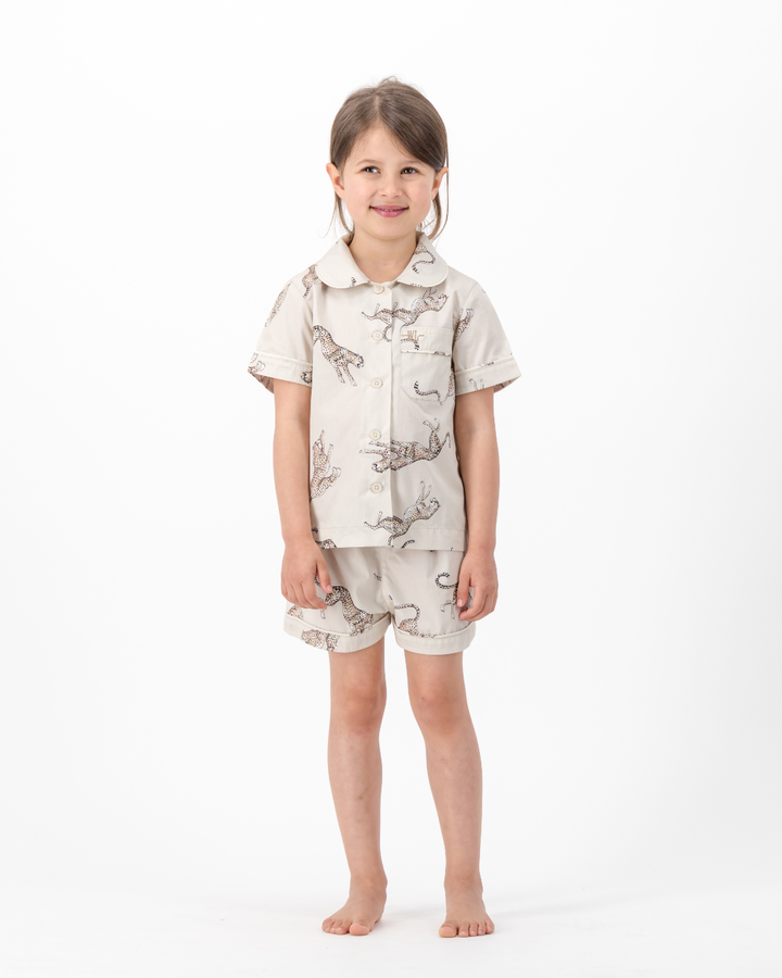 Girls Short Pyjamas - Jumping Cheetah on Beige