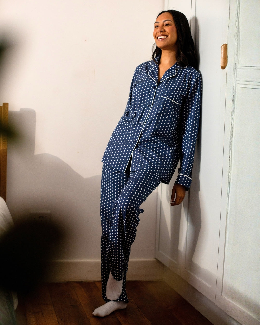 Womens Long Pyjama - White Polka Dot On Navy