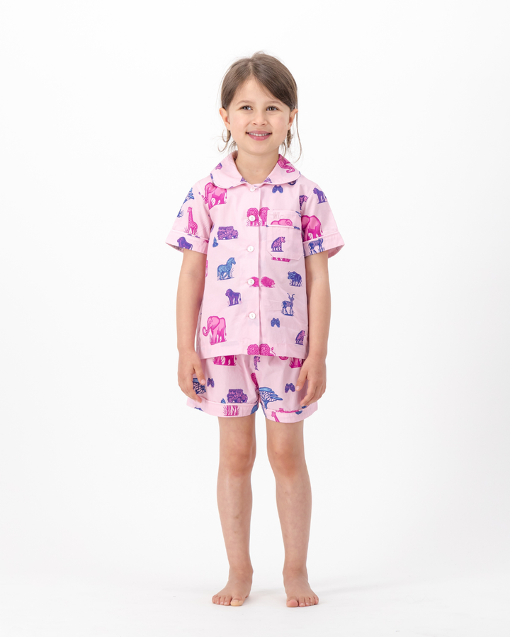 Girls Short Pyjamas - Safari Animals on Pink