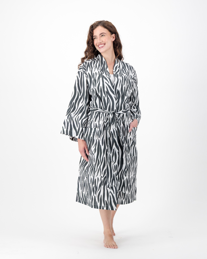Adults Kimono - Black Zebra Print on White