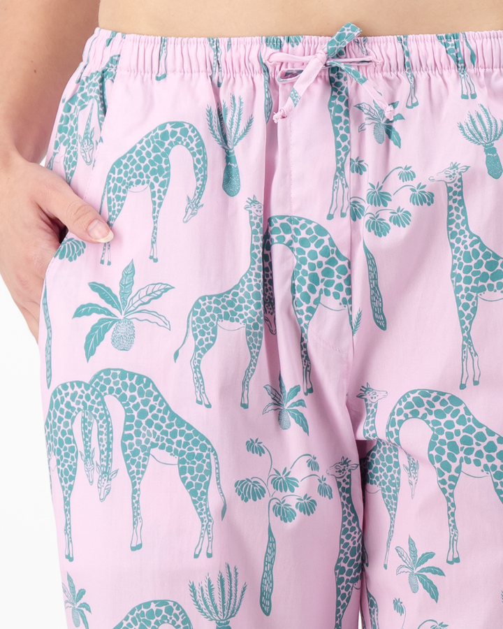 Womens Lounge Pants - Green Giraffes on Pink