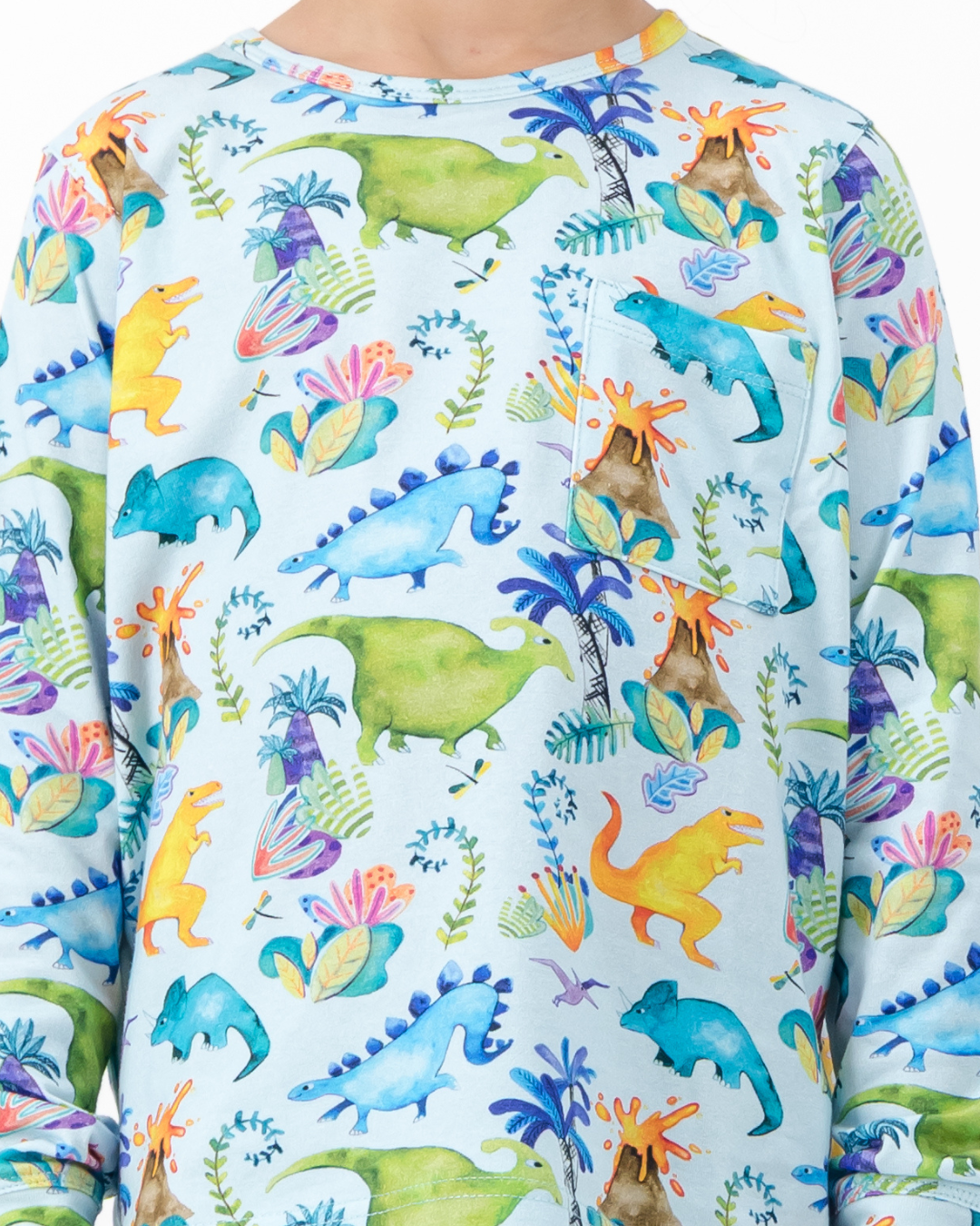 Kids Knitted Cotton Long Pyjama Set - Dinosaurs on Blue