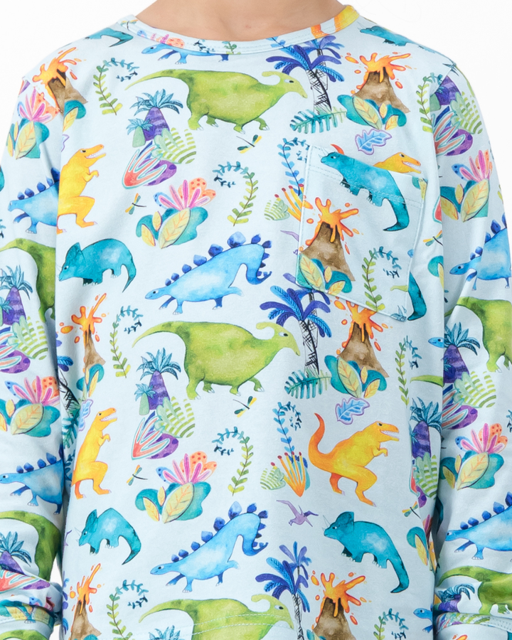 Kids Knitted Cotton Long Pyjama Set - Dinosaurs on Blue